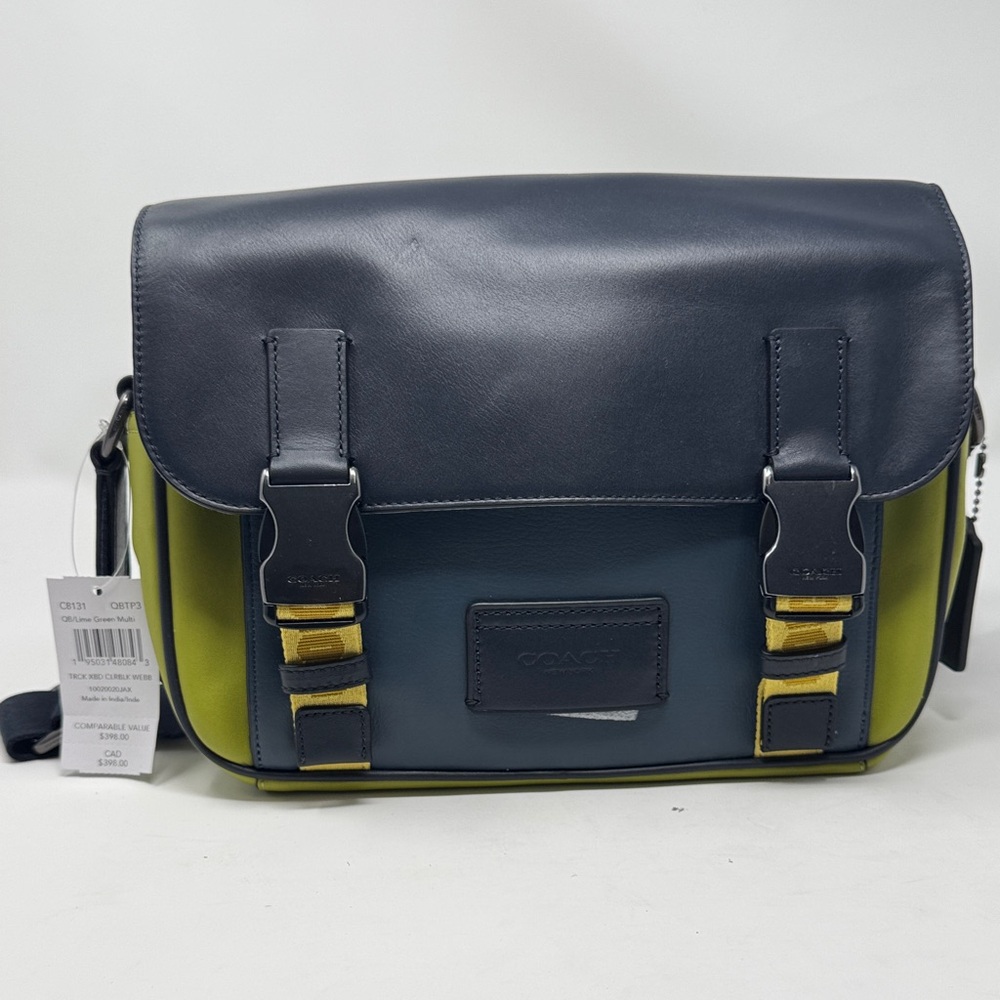 Coach Dark Blue, Lighter Blue and Olive Messenger Bag ~ with long strap.